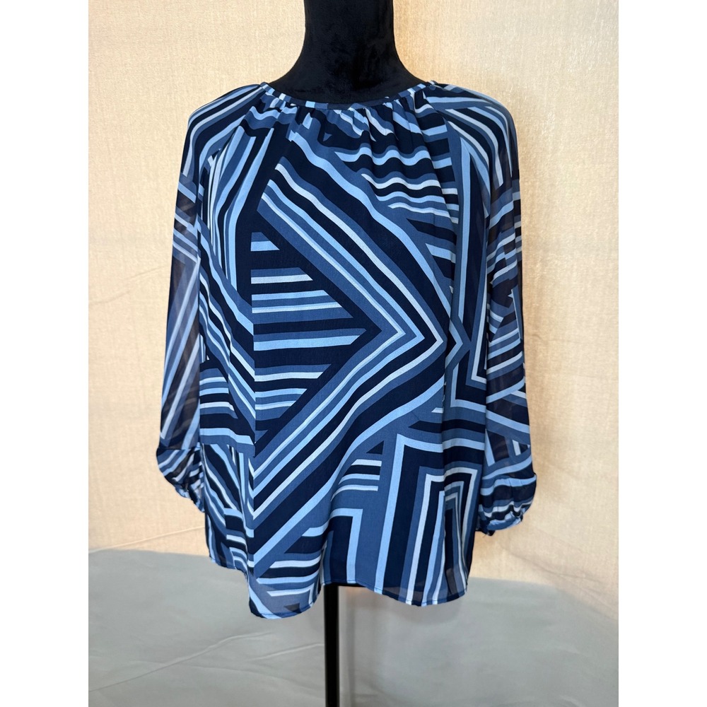 Calvin Klein Womens Blue Geometric Stripe Long Sleeve Blouse Size S